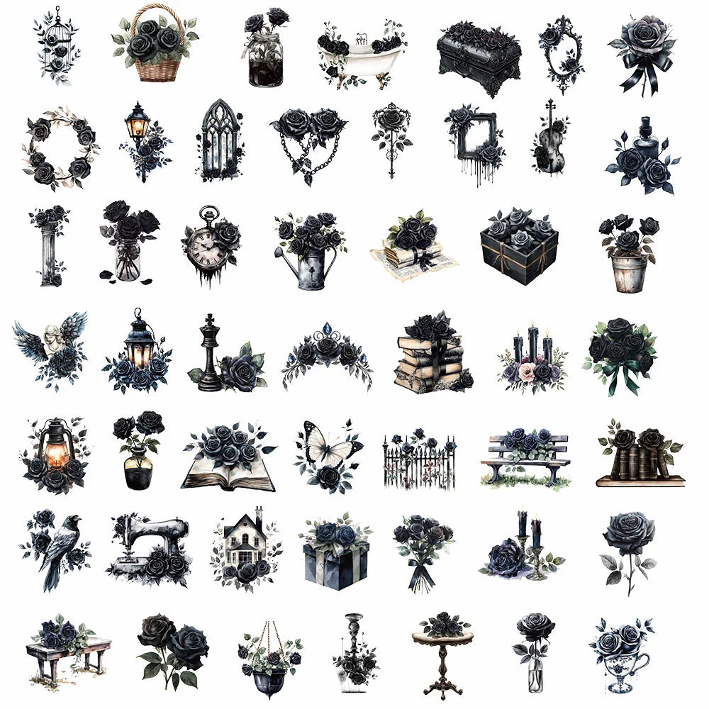 Collection of black and white decorative elements on a white background