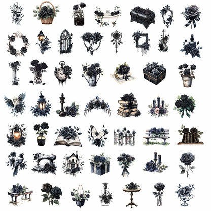 Collection of black and white decorative elements on a white background