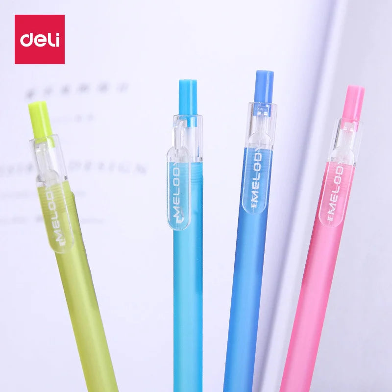 Four colorful pens with 'Deli' branding on a light background