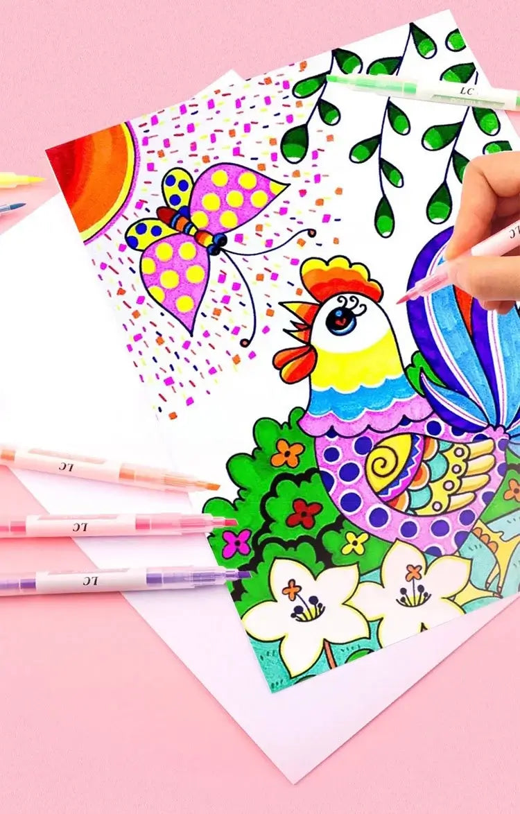 Coloring book with a rooster design and markers on a pink background