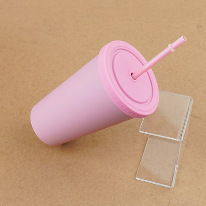 Double Layer Pastel Color Plastic Cup with Straw