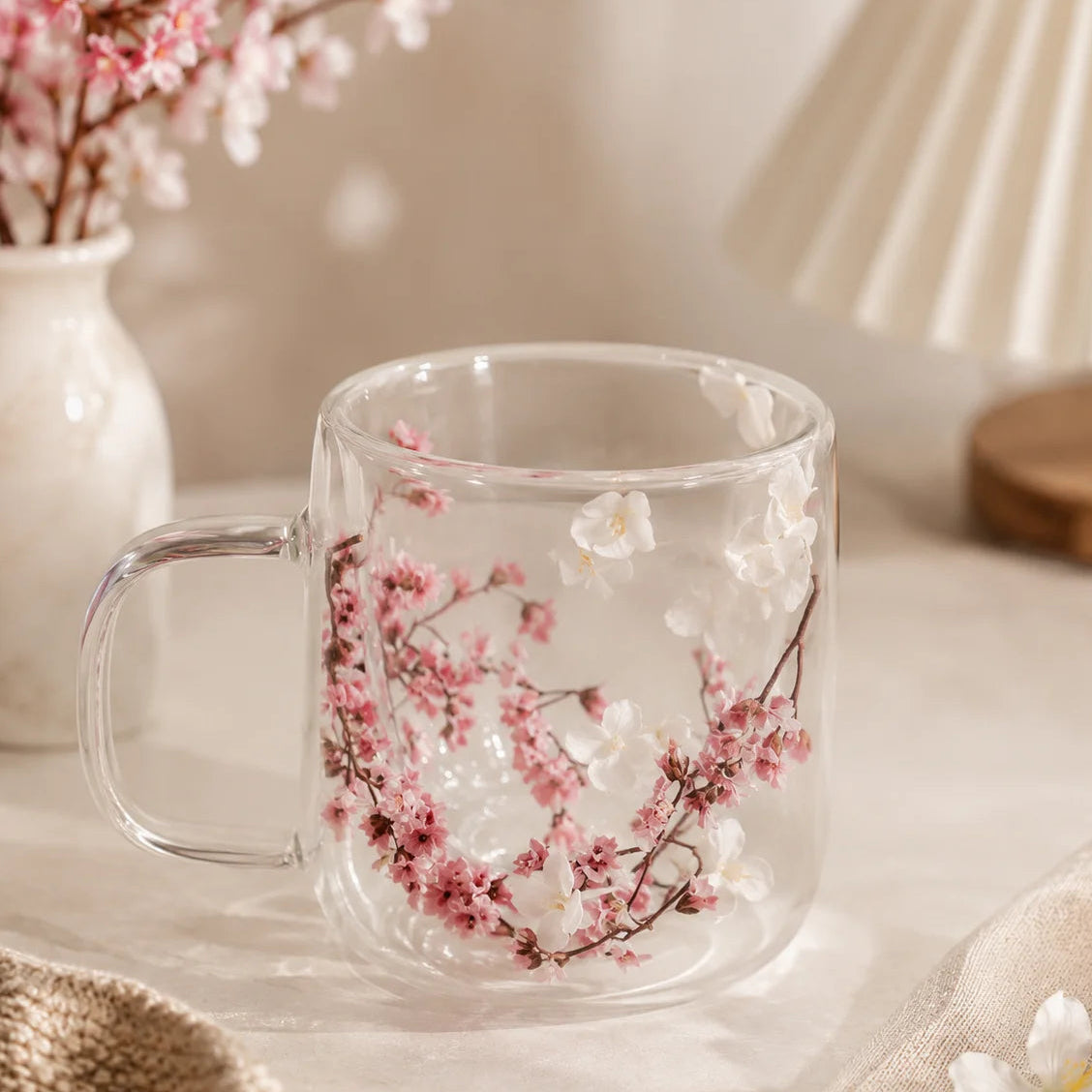 Sakura Filled Double Glass Cup