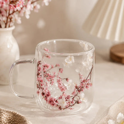 Sakura Filled Double Glass Cup