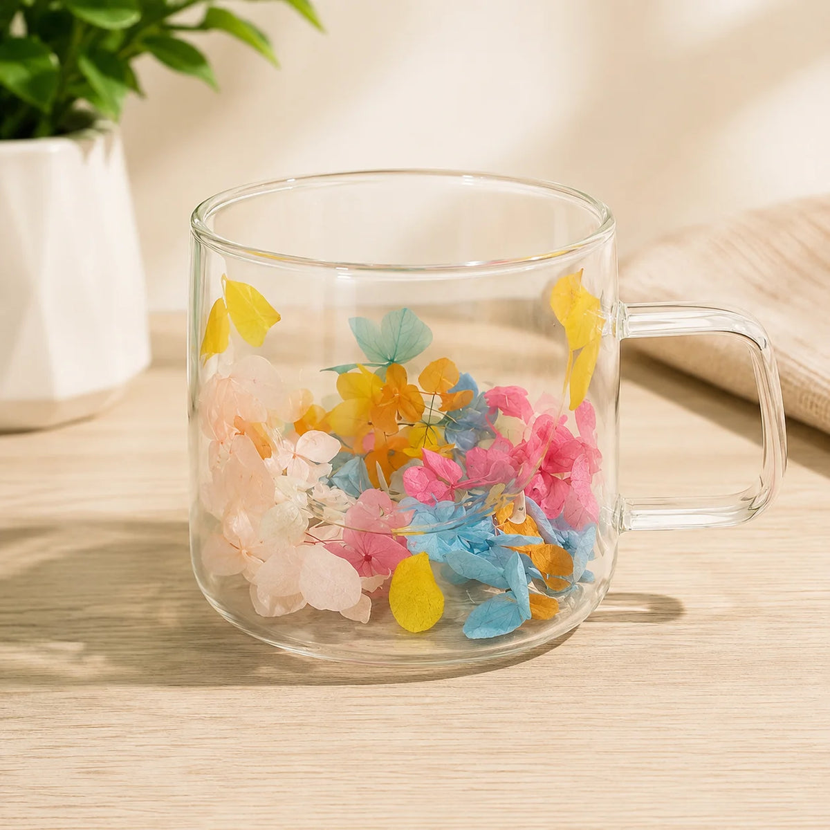 Dried Flowers Filled Double Layer Glass Cup