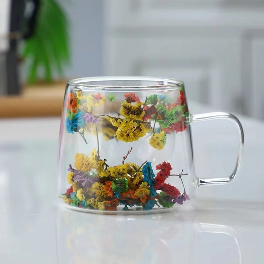 Dried Flowers Filled Double Layer Glass Cup