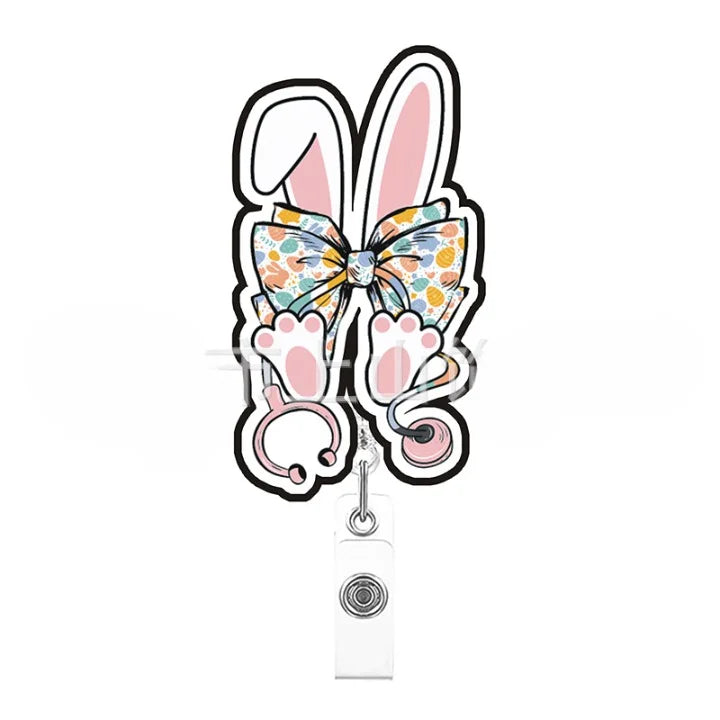 Decorative badge holder with bunny ears and bow on a white background