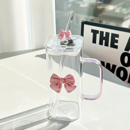 Bow Mounted Plastic Coffee Cup with Glass Straw