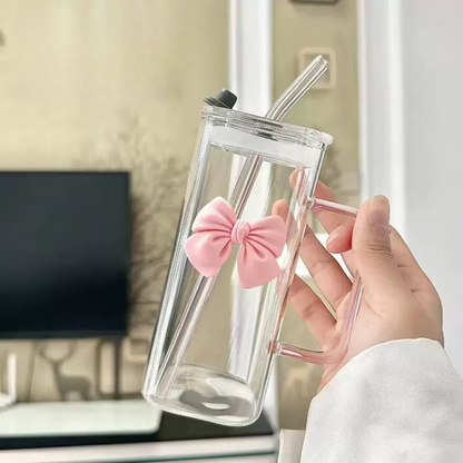 Bow Mounted Plastic Coffee Cup with Glass Straw
