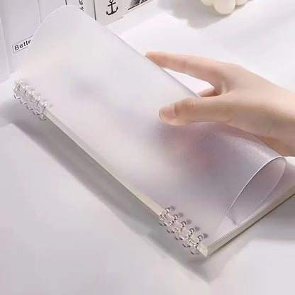 Hand holding a transparent plastic sheet over an open book on a white surface