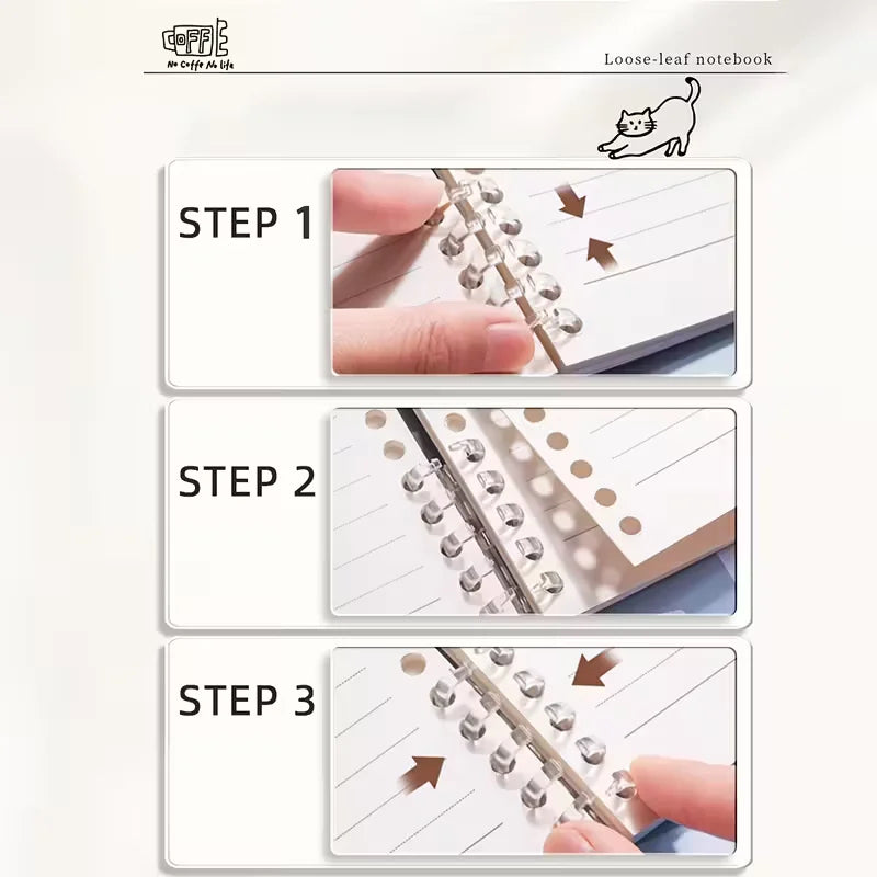 Step-by-step guide on how to use a loose-leaf notebook with a visible brand logo.