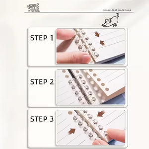 Step-by-step guide on how to use a loose-leaf notebook with a visible brand logo.