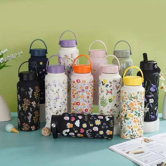 Floral Design Thermal Water Bottle with Handle