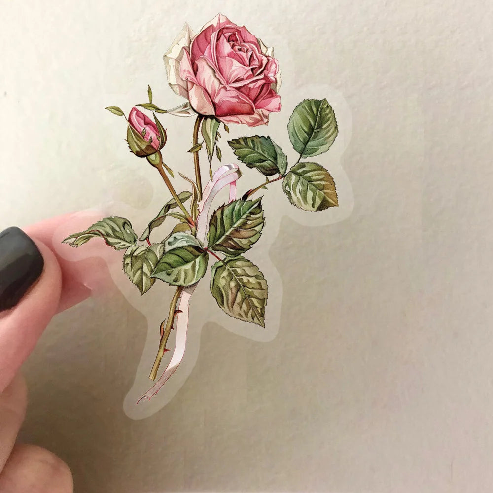 Floral and letter stickers in a waterproof, transparent PET