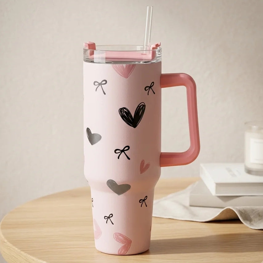 Kawaii Bow & Character Print Travel Tumbler