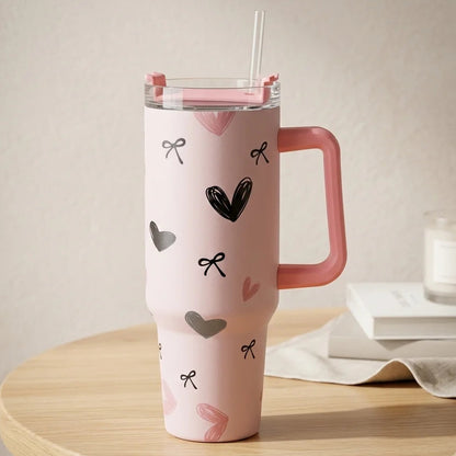 Kawaii Bow & Character Print Travel Tumbler