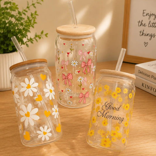 Aesthetic Coffee Glass Cup with Bamboo Lid