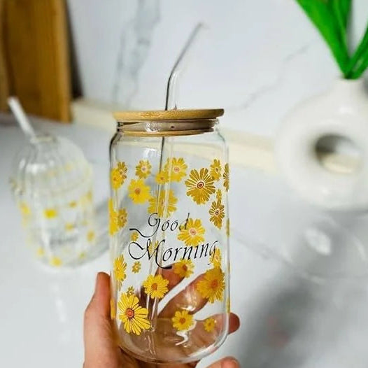 Aesthetic Coffee Glass Cup with Bamboo Lid