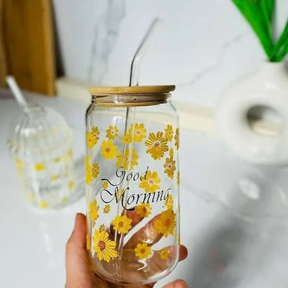 Aesthetic Coffee Glass Cup with Bamboo Lid