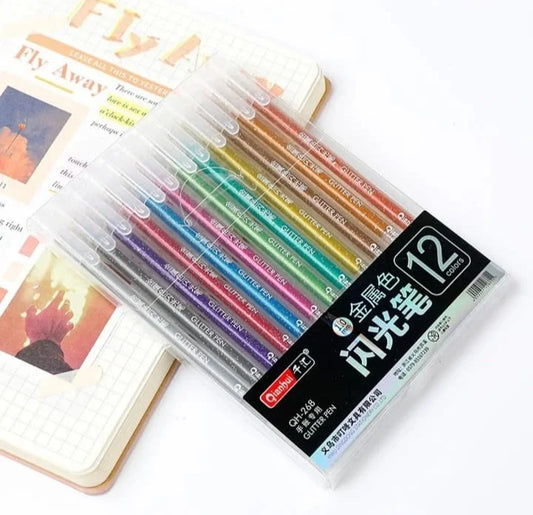 Glitter Metallic Ink Gel Pen -  Set of 12
