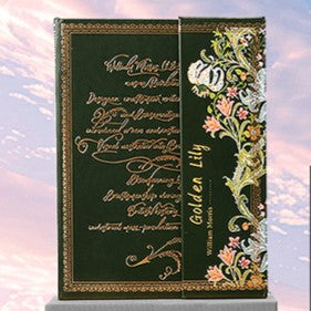 Decorative book with ornate cover and text on a soft pink background