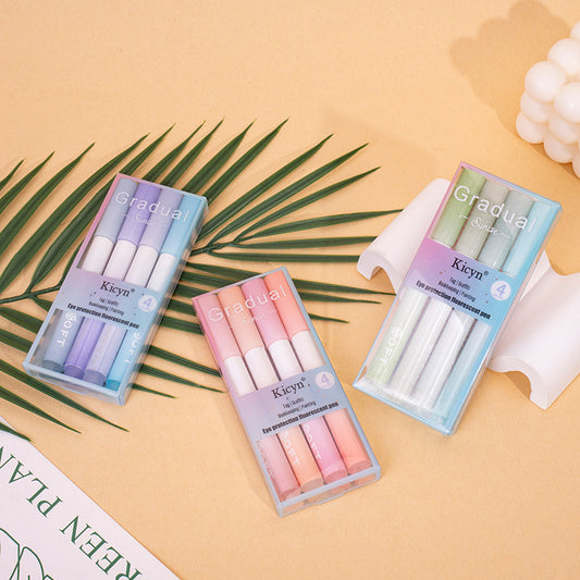 Three packages of Kcyun gradient lip pencils on a beige background with green leaves.