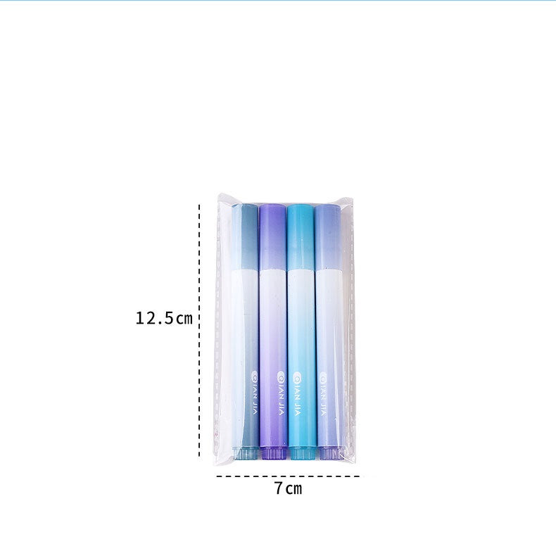 Set of gradient-colored markers in a clear case with dimensions indicated.