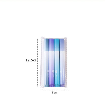 Set of gradient-colored markers in a clear case with dimensions indicated.