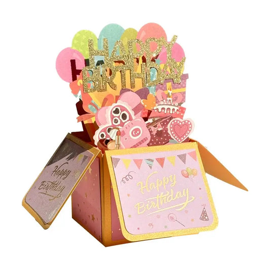 Decorative birthday card with balloons and cake design on a white background