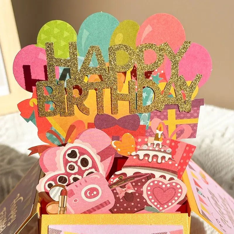 Colorful birthday card with 'Happy Birthday' text and various decorative elements.