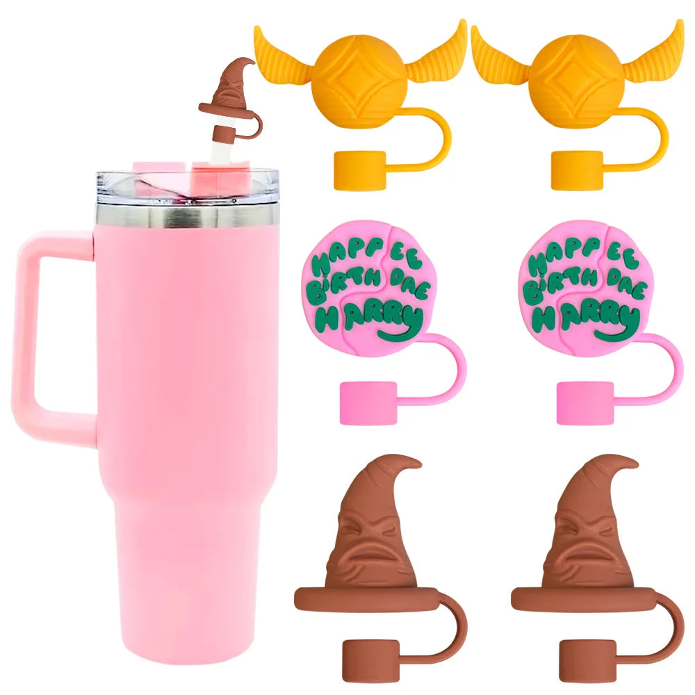 Pink tumbler with Harry Potter-themed drink markers on a white background