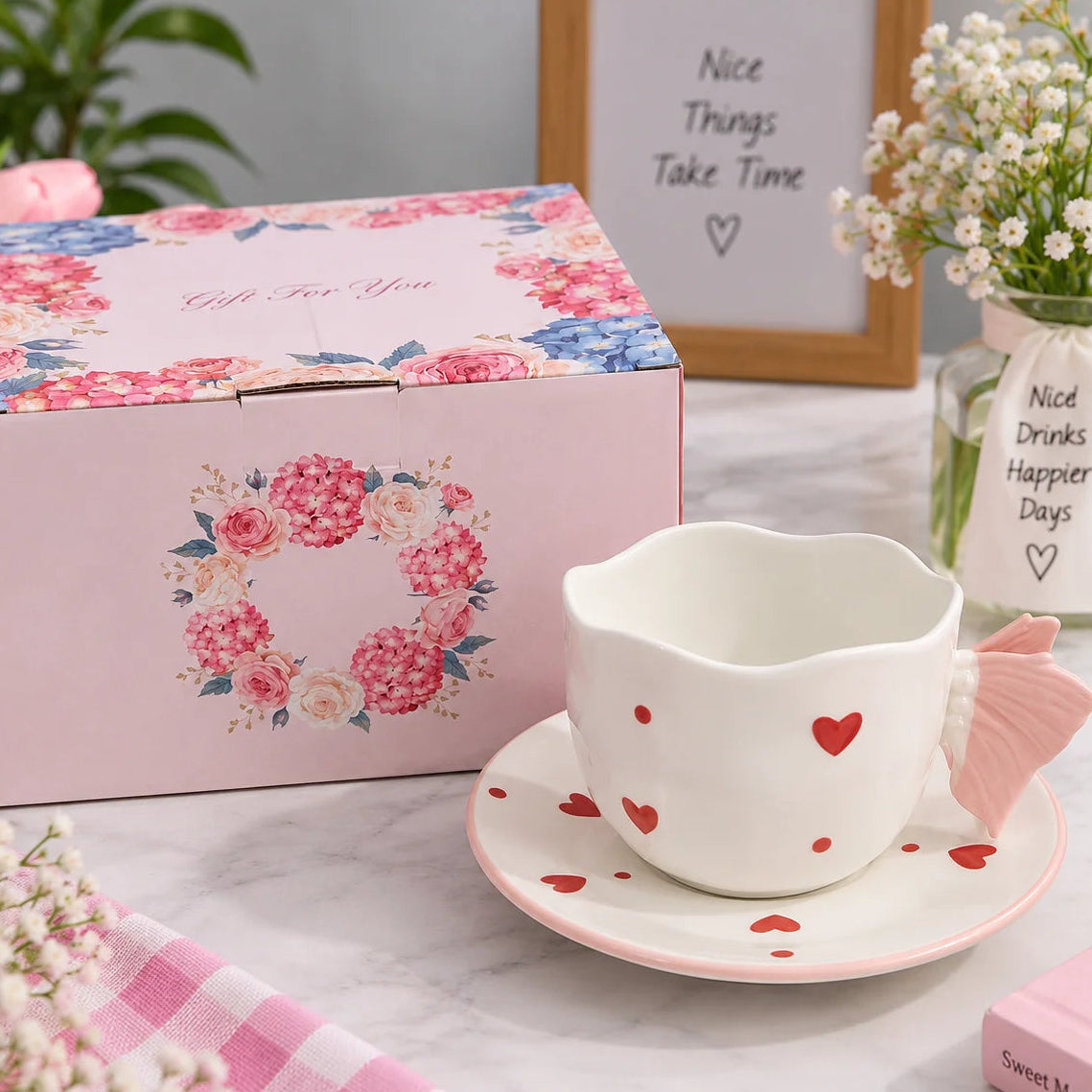 Tiny Hearts Ceramic Cup & Saucer Set