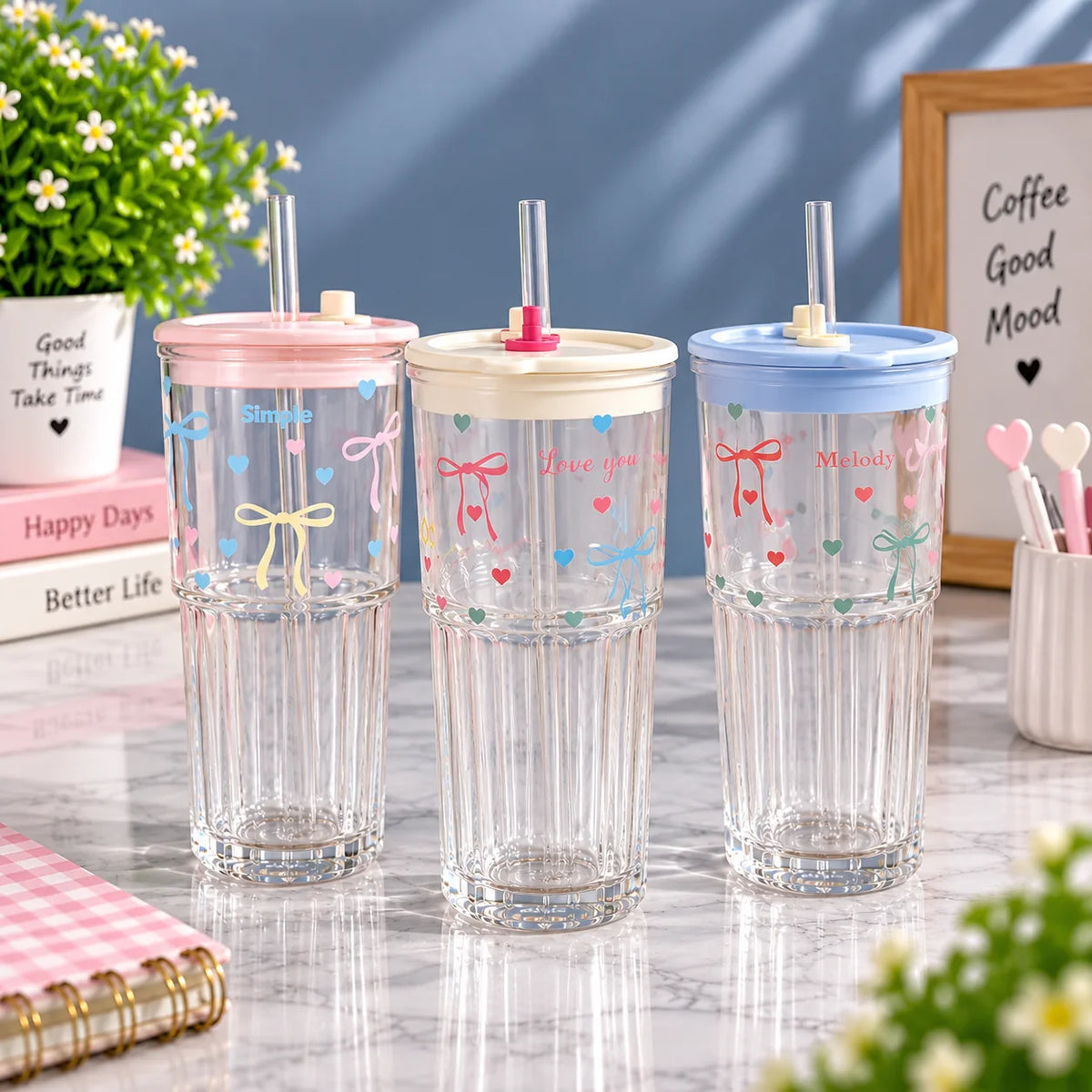 Heart & Bow Design Double Wall Glass Cup
