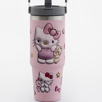 Pink tumbler with Hello Kitty design on a white background