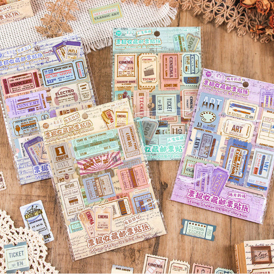 Collection of vintage-style stickers on a wooden surface