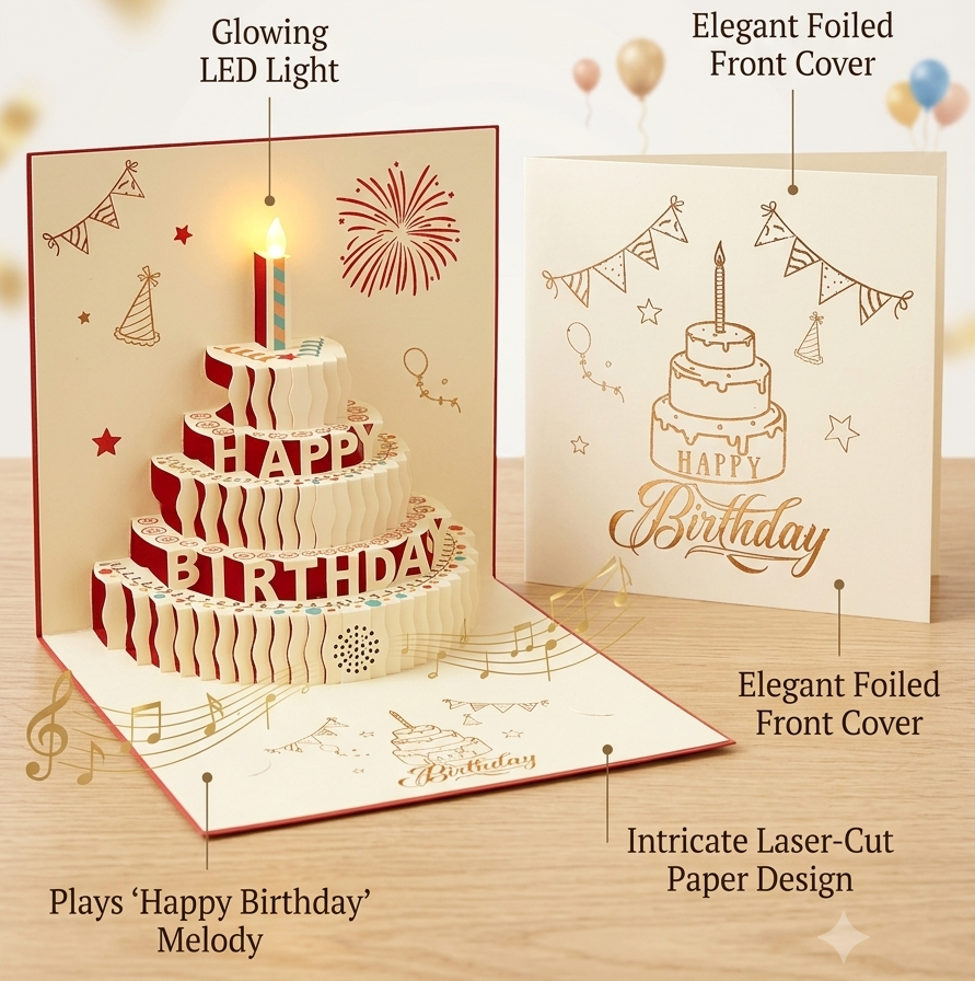 Foldable 3D Birthday Greeting Cards with Light n Music