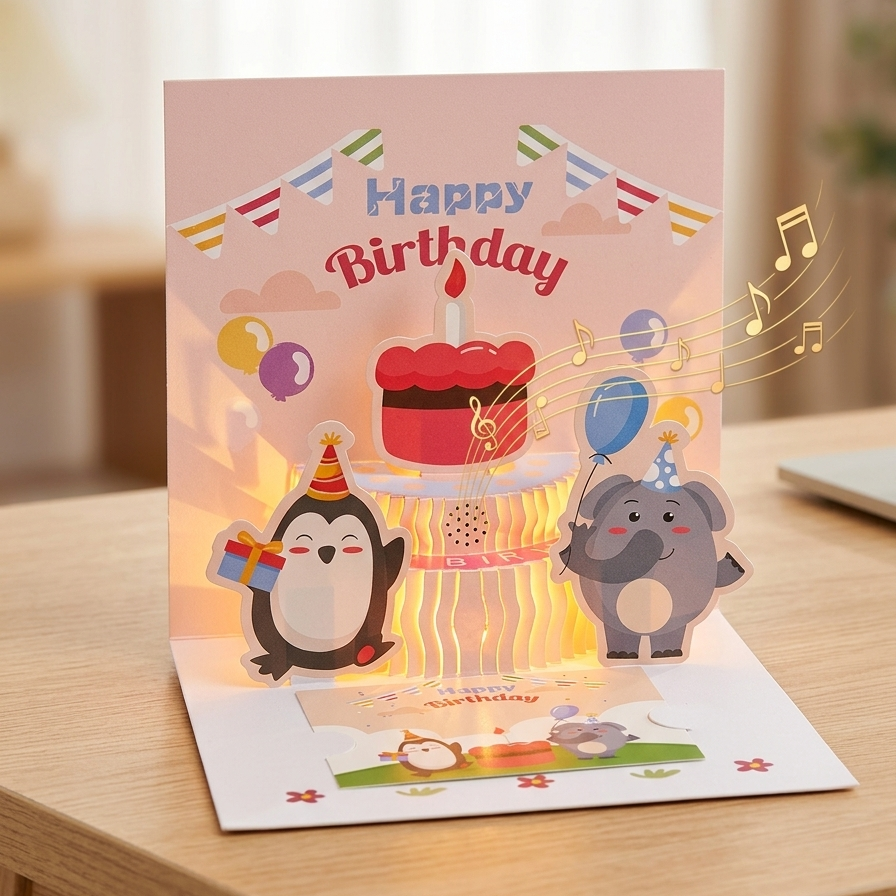 Kids 3D Birthday Greeting Card with Light n Music - Penguin n Elephant
