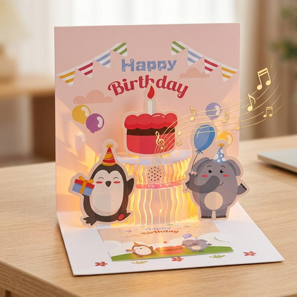 Kids 3D Birthday Greeting Card with Light n Music - Penguin n Elephant