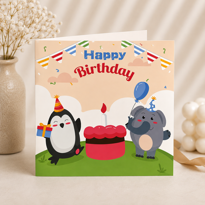 Kids 3D Birthday Greeting Card with Light n Music - Penguin n Elephant