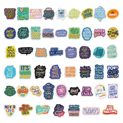 Collection of motivational stickers with various phrases on a white background
