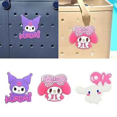 Cartoon character with 'Kuromi' branding on a blue and beige background