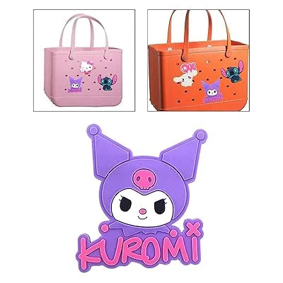 Two cartoon tote bags, one pink and one orange, with a character design on a white background. Below are two images of a purple character with a pink bow and text 'Kuromi' on a white background.