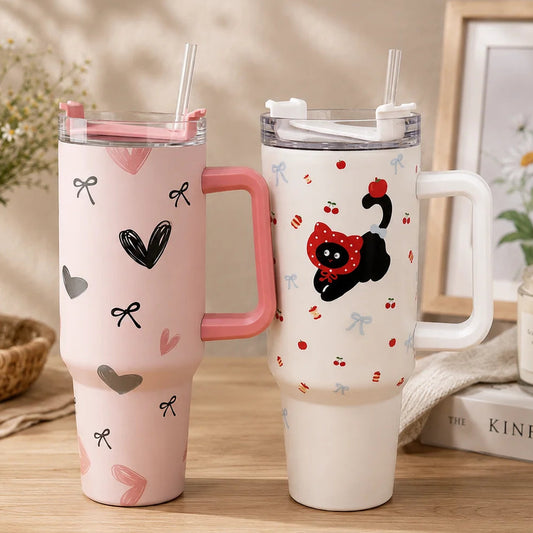 Kawaii Bow & Character Print Travel Tumbler