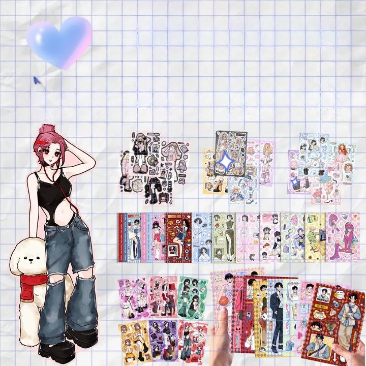 Illustration of a person with a teddy bear and a collection of sticker sheets on a grid background