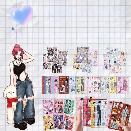 Illustration of a person with a teddy bear and a collection of sticker sheets on a grid background