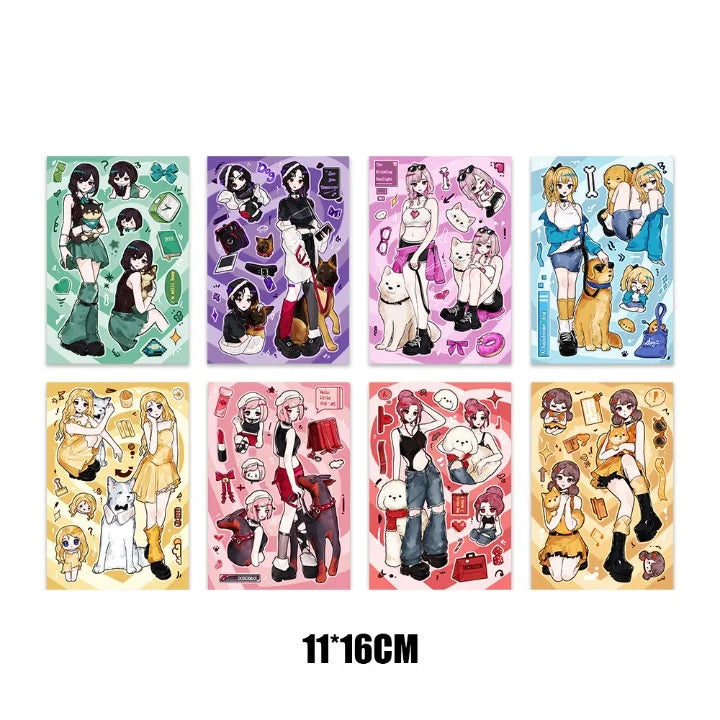 Set of eight colorful stickers with cartoon characters on a white background