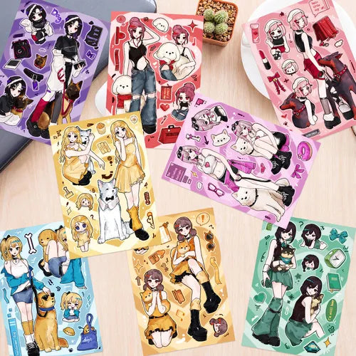 Collection of colorful sticker sheets with animated characters on a wooden surface.