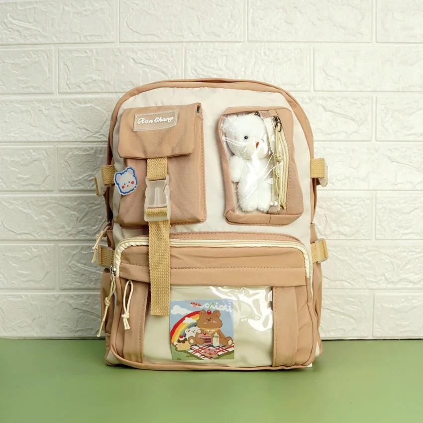 Large Capacity Korean Style Backpack with Teddy Bear - Creamy White – thepaperworm