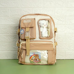 Large Capacity Korean Style Backpack with Teddy Bear - Creamy White