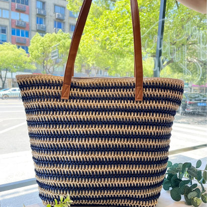 Large Capacity Two Color Stripes Straw Shoulder Bag
