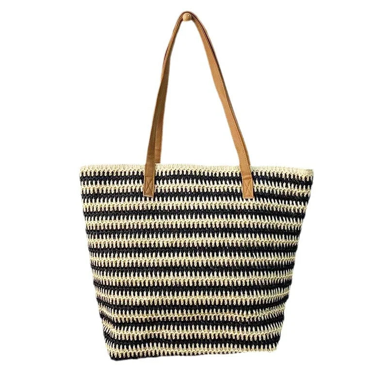 Large Capacity Two Color Stripes Straw Shoulder Bag